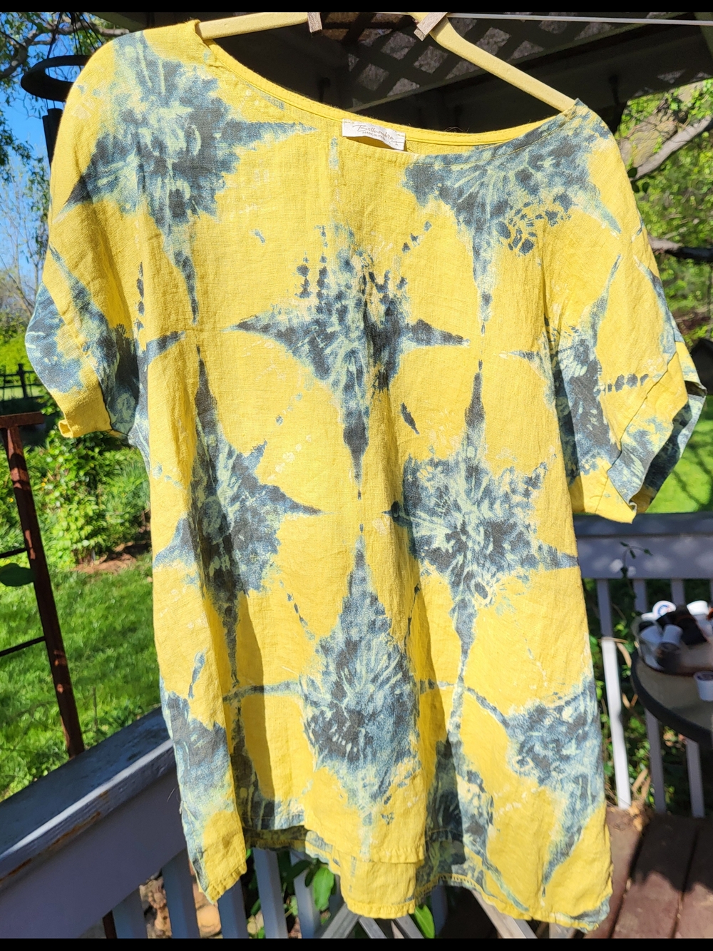 Bellambra Yellow Tunic Top with Blue Tie-Dye Accents